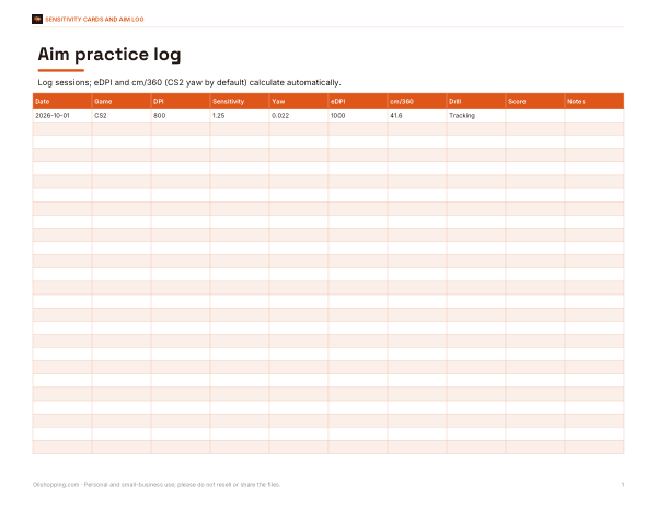 Preview of Printable Aim Log and eDPI Calculator